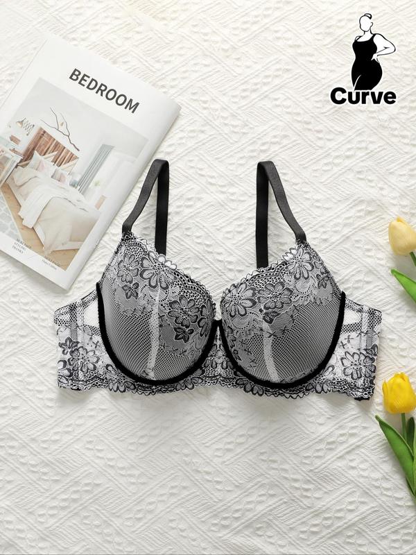 Plus Size Floral Lace Underwire Push Up Bralette, Casual Comfy Adjustable Spaghetti Strap Sweetheart Neck Bra for Daily Wear, Women's Underwear for All Seasons